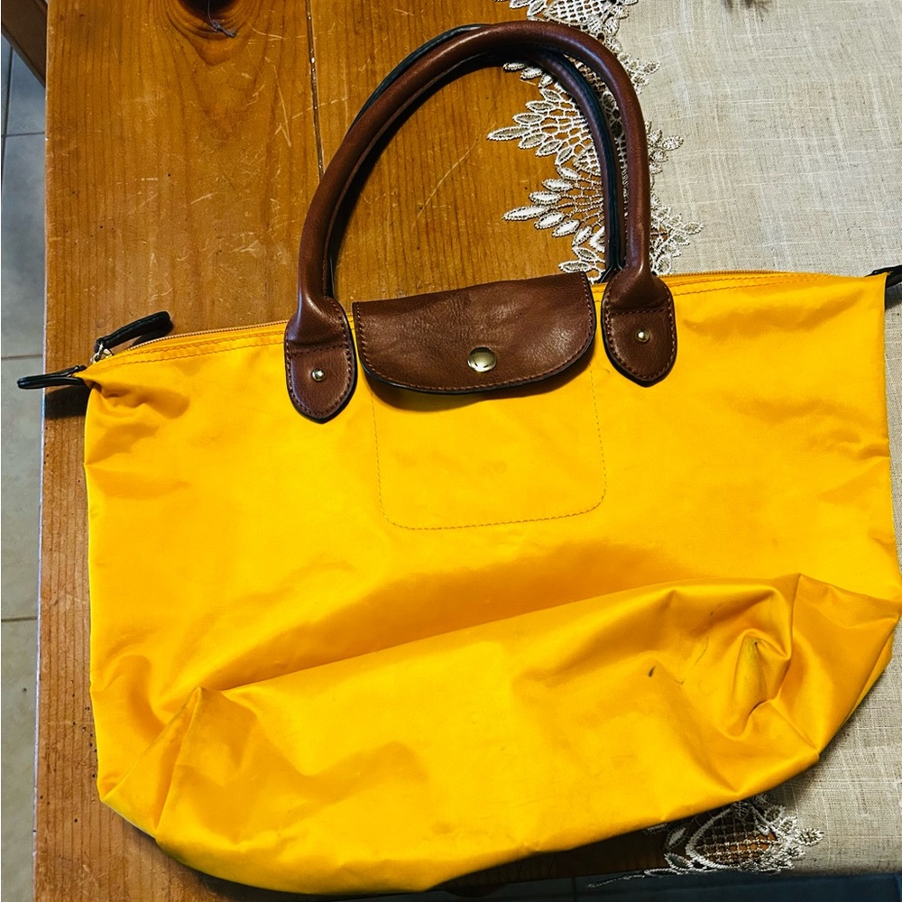 Yellow and Brown Nylon Tote with Leather Accents